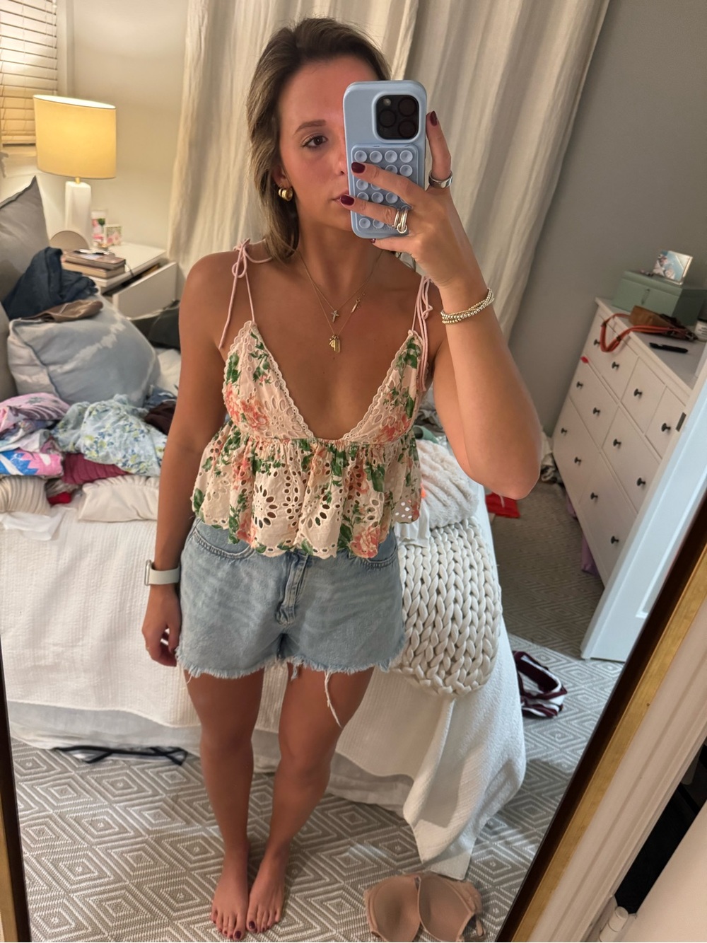 MAJORELLE Floral Eyelet Tie-Shoulder Crop Top - Pink & Green